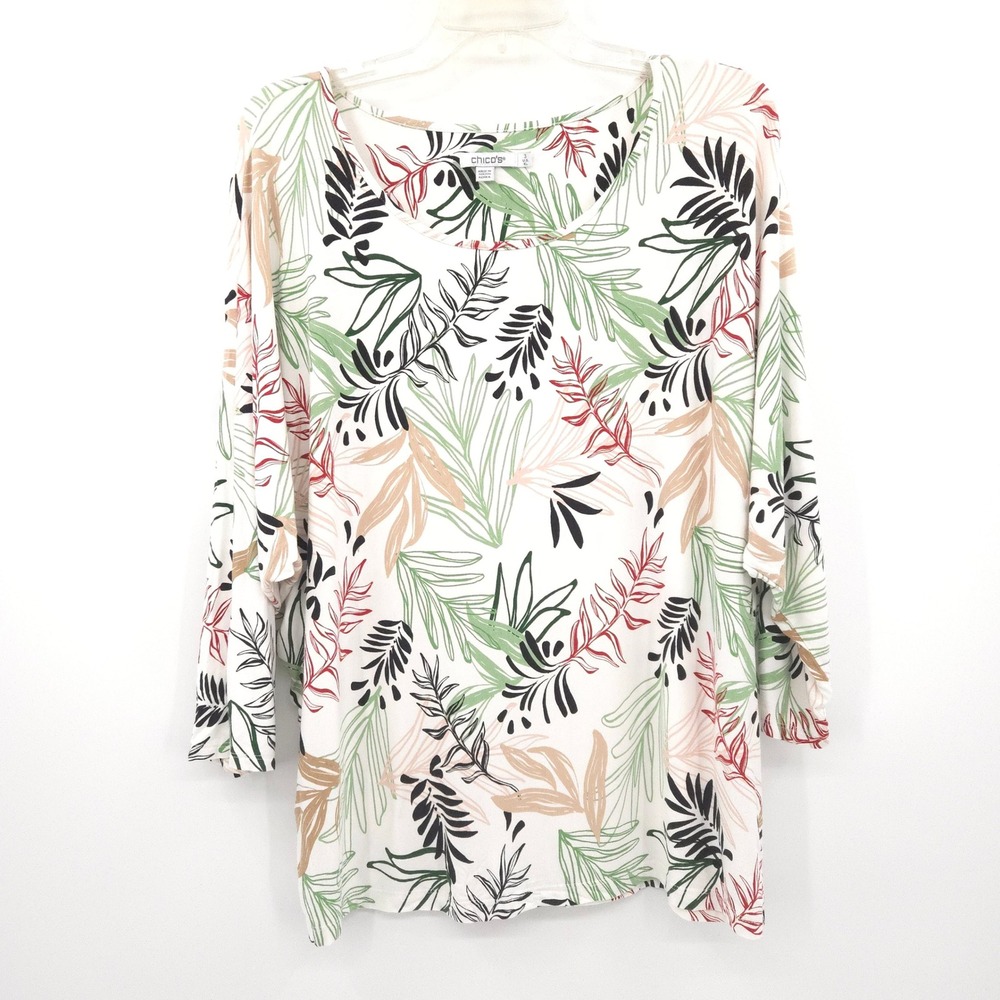 Chico's Tropical Leaf Print Top Womens Size 3 XL White 3/4 Sleeve Scoop Neck